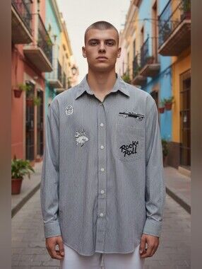 Vtg Get Lucky Shirt Sz Med Button Up Rock N Roll Classic Car 50s Diner  Sock Hop